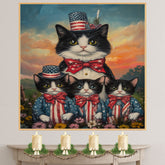 Mother Black and White Tuxedo Cat with Three Kittens in Patriotic Outfits and Hats in a Sunset Flower Field Scene on Ready to Hang 1.5" Thick Canvas Wrap, Floating Framed Canvas, Flat Rolled Canvas